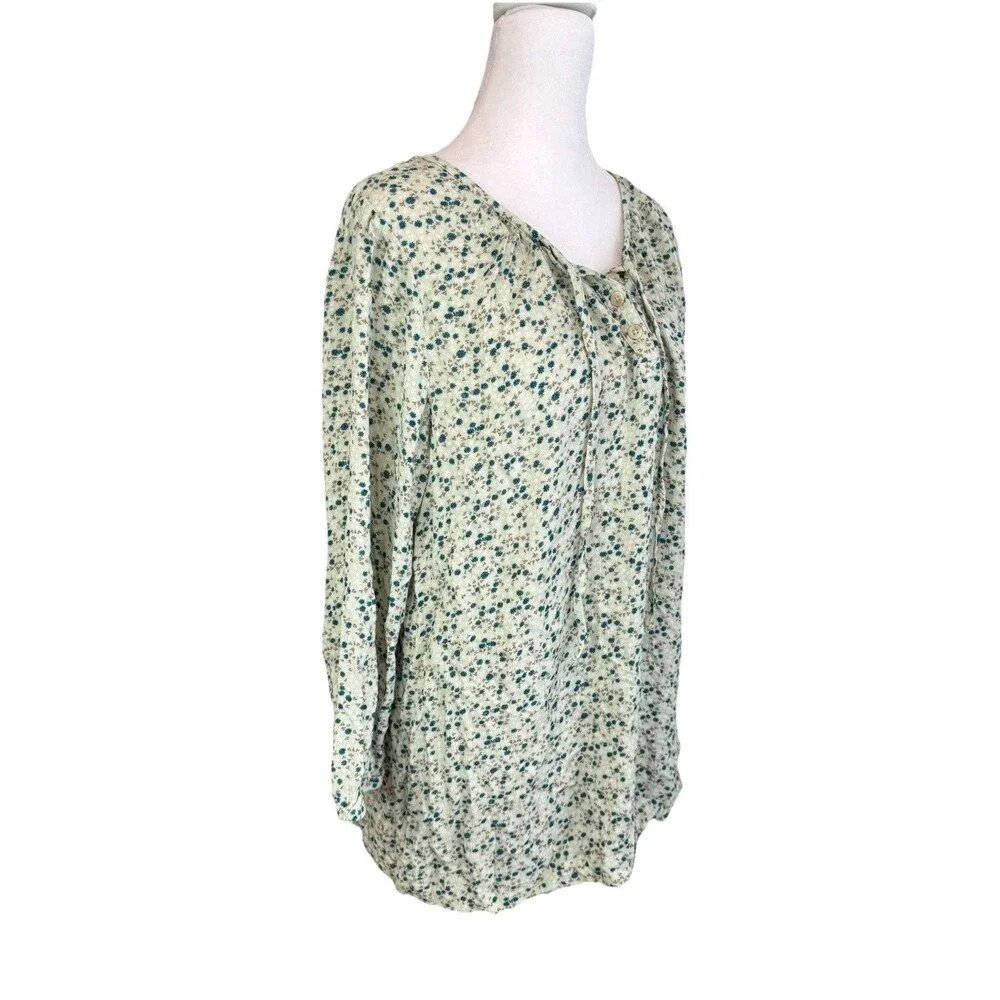 Sonoma Goods Blouse Size M Blue Floral Rayon Shirred Y-neck Balloon Sleeve NWT